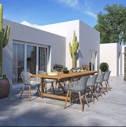 BRAND NEW 9 Piece Rectangular Extendable 100% FSC Solid Wood Table Patio With Grey Chairs Dining Set | Ideal Furniture Set For Outdoor