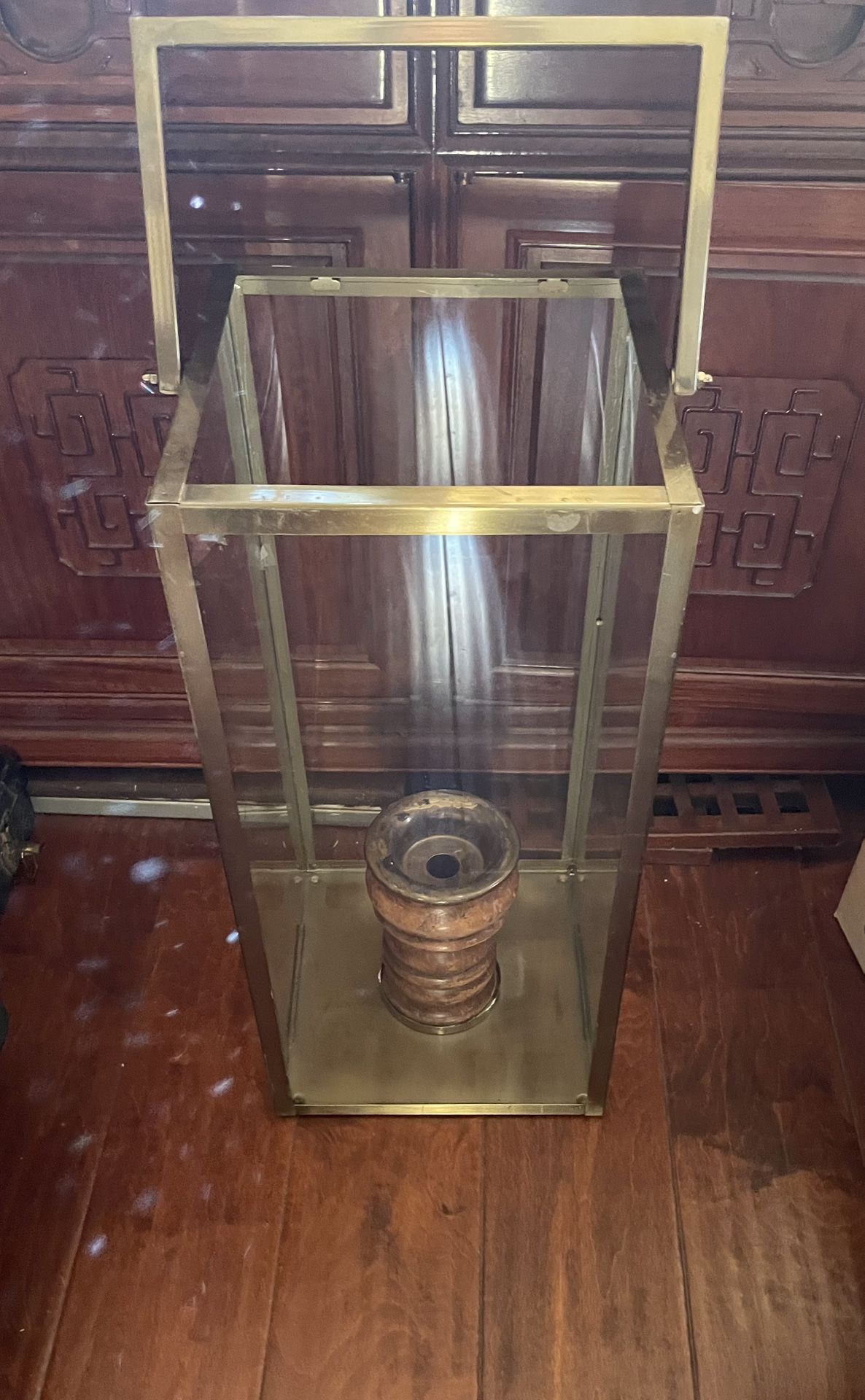 Mid Century Brass & Glass Lantern Display Case Candle Holder 10x10x22 MCM