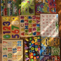 Puzzles & Lacing toys LOT of 17, mostly Melissa & Doug