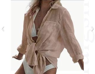 Linen Button Down Bathing Suit Cover Up in Apricot - One Size
