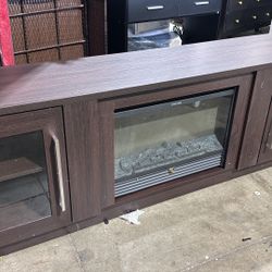 New 3D Fireplace TV Stand for TVs up to 65’’, Wooden Media Entertainment Center Table & TV Cabinets w/ 6 Storage Shelves & Barn Door, Electric Firepla