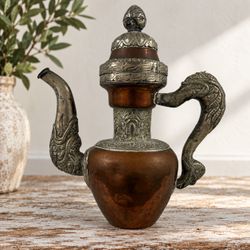 Vintage Tibetan Himalayan Copper Ewer Teapot Ornate Dragon 12” Mixed Metal