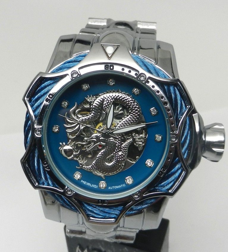 Men's 50mm Automatic Mechanical Skeleton Dragon Dial Watch Exhibition Clear Back