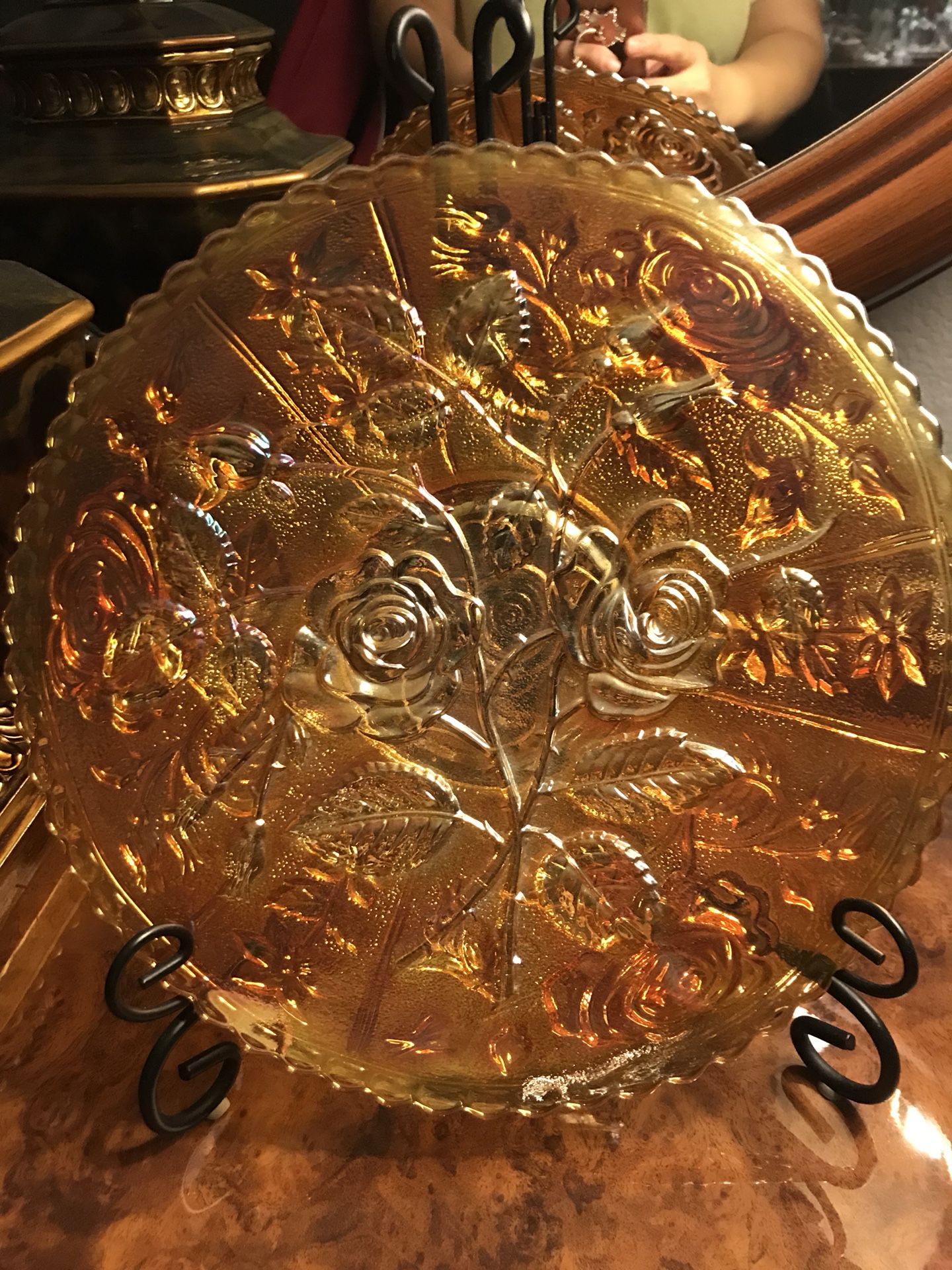 Beautiful glass plate with gold color and flower curvings