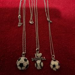 4 Styles Of 18” SilverTone Necklaces With Sports Pendants With Rhinestones 