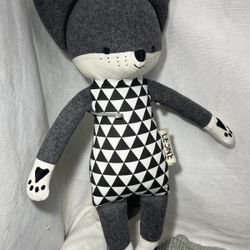 Polish European Enchanted Forest of Lesne Handmade Cute Gray Happy Fox Plush Doll Toy Stuffed Animal Woodland Creature Gray Black White Triangle Wool