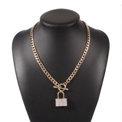 Gold Chain Necklace with Bling Padlock Pendant
