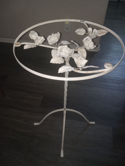 Vintage white metal floral Side Table Round glass top