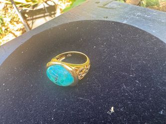 Bellezza Italy Gold-Tone Turquoise Ring, Scrollwork Band, Size 9