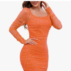 New Beautiful Orange Dress W/ Sparkle And Sheer Sleeves. Size LARGE.  Beautiful.  See Photo's. Cash Pickup Only 