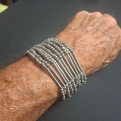 Silver-tone Stretch Wide Bracelet W/Spherical Beads & Tubes, Metallic, 10Rows 1 5/8"W-Belly Dance Boho Style