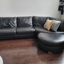Black Left Arm Corner Sofa with Ottoman Leather