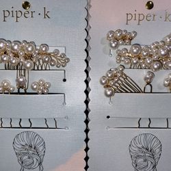 Piper K Gold Pearl Rhinestone Formal/Bridal Hair Clips Set