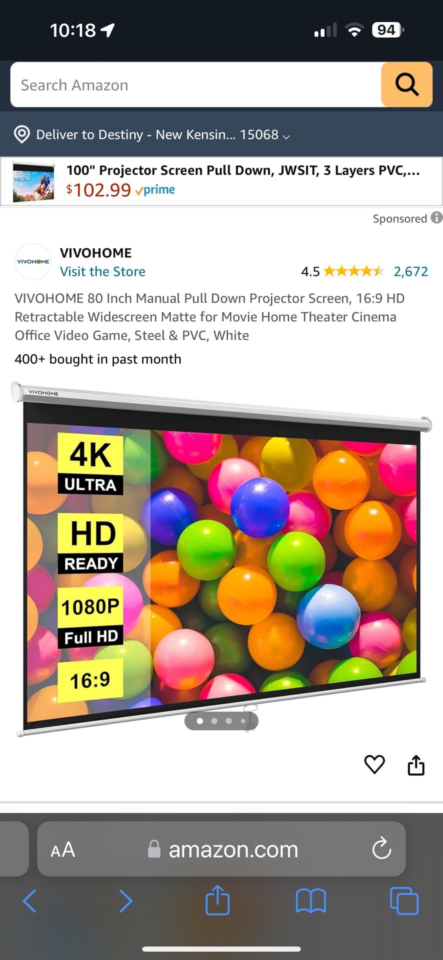 VIVOHOME 80 IN Projector Screen