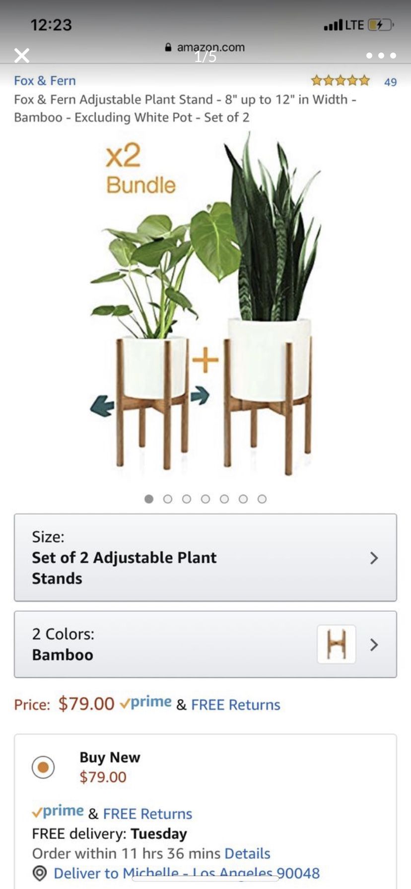 Fox & Fern Adjustable Plant Stand - 8" up to 12" in Width - Bamboo - Excluding White Pot - Set of 2