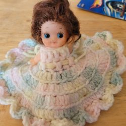 Vintage handmade crocheted small decorative bed or shelf doll