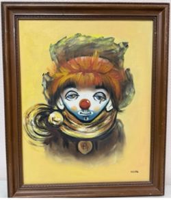 framed clown art print / vintage-style clown portrait signed “Micha.”