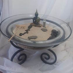 Zen Garden In Glass Pedestal Bowl With Wrought Iron Stand