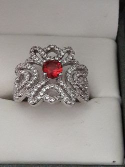 Ruby CZ Crystal and Diamonds in the Sterling Silver Ring Size7