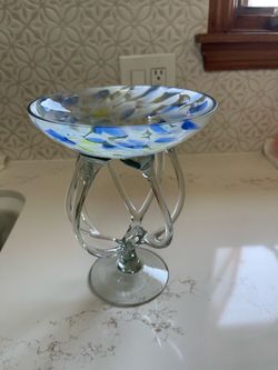 Poland Art Glass jellyfish cobalt compote bowl