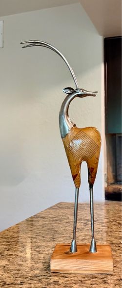Modern Metal Sculpture Steel Wood Gazelle Ram Deer Antelope 21" T