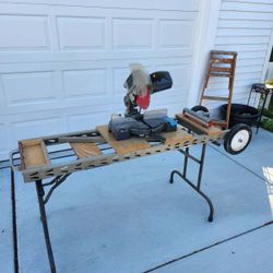 10" Miter Saw CRAFTSMAN with Attached Workbench And Wheels, Folds Up