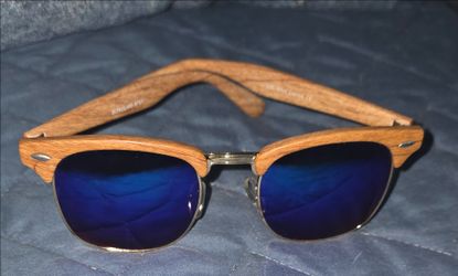 Sunglass Spot Wood Frame Sunglasses Blue Mirror Lenses