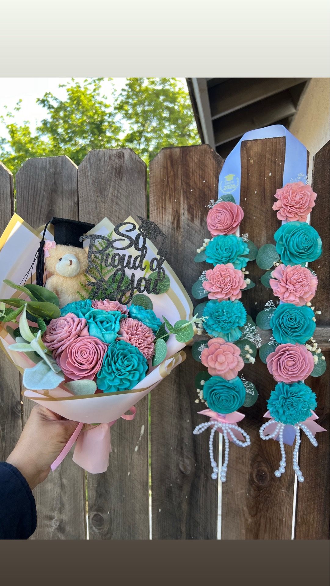 Eternal wood flower Graduation lei and bouquets