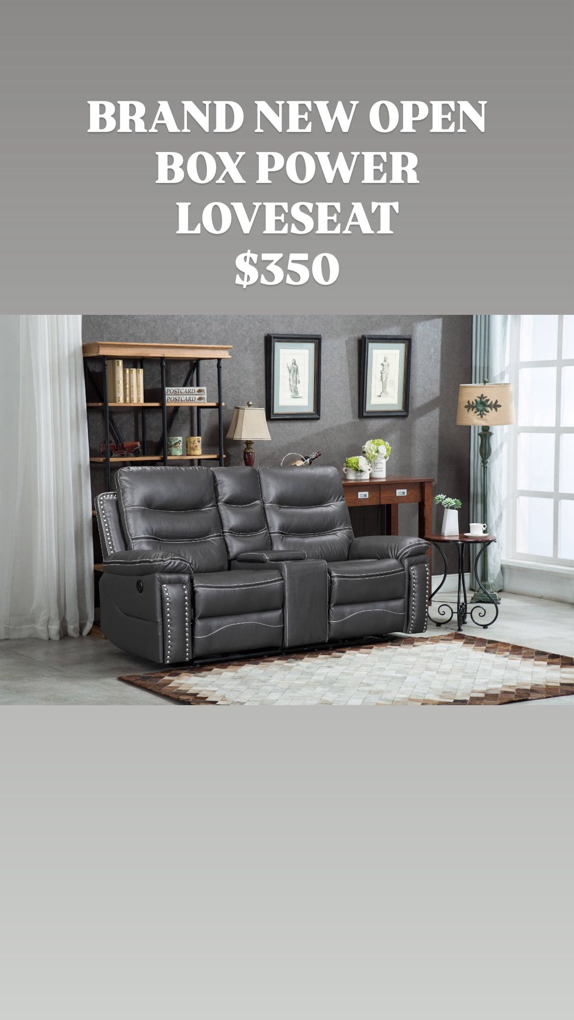Brand New Gray Power Loveseat Recliner With Nailhead trim & Cup holders