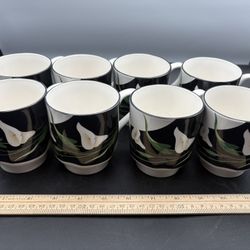 8 Cups Mugs Black Lilies Sango Quadrille No Chips Or Cracks 