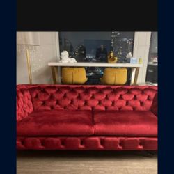 Red velvet couch 