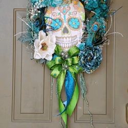 HANDMADE TURQUOISE, GREEN & WHITE SUGAR SKULL WREATH - 1 of a Kind