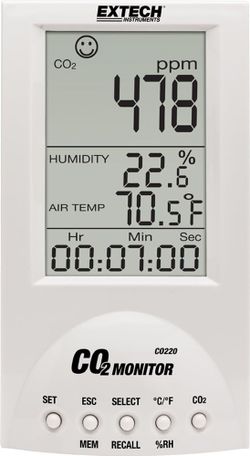 Extech CO220 - Desktop Indoor Air Quality CO2 Monitor – Measures CO2, Temperature, Humidity, Dew Point & Wet Bulb – NDIR Sensor, 99‑Point Memory, Audi