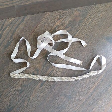 Crystal Embellished Satin Sash Style, Silver / Grey, 104" Long