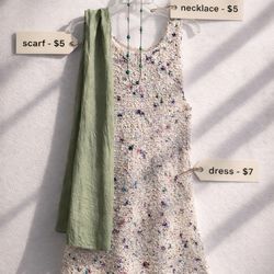 Vintage summer set: knit dress, scarf, necklace. Ready-to-wear look.