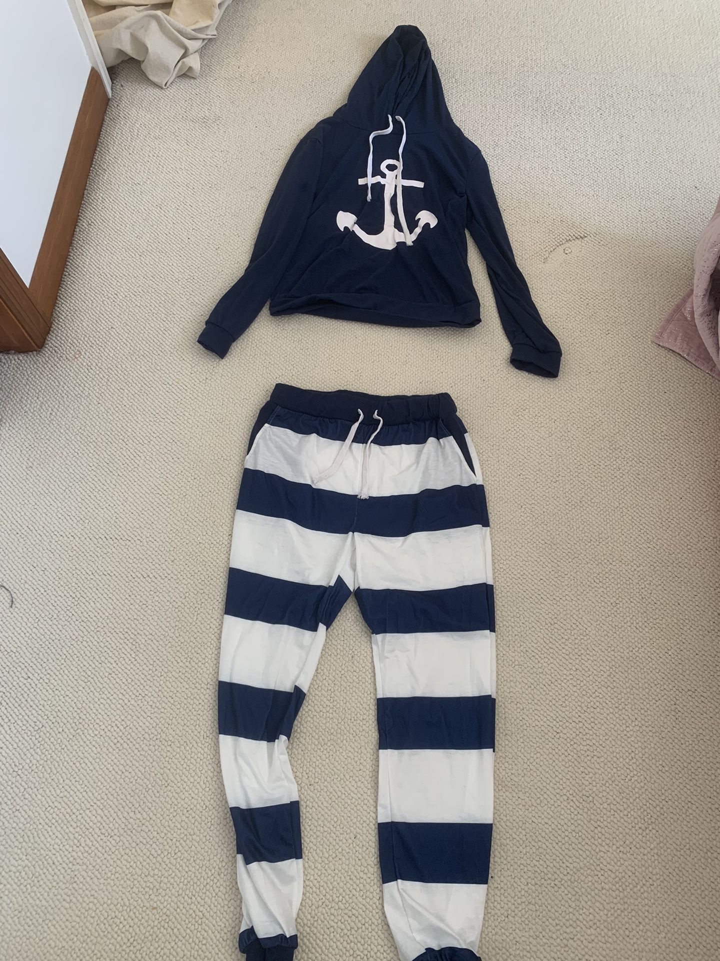 Womens Nautical Blue White Striped Set Hoodie Joggers