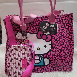 HELLO KITTY Travel Tote Crossbody Bag Luggage Tag 3 Piece Set Pink Bow Brand New