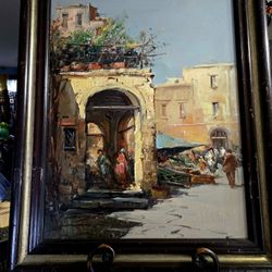 Vintage Oil Painting Depicting a Italian Market  Signed Framed 32.5"×28.5"