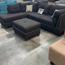 Black Sectional Sofa With Reversible Chaise & Ottoman