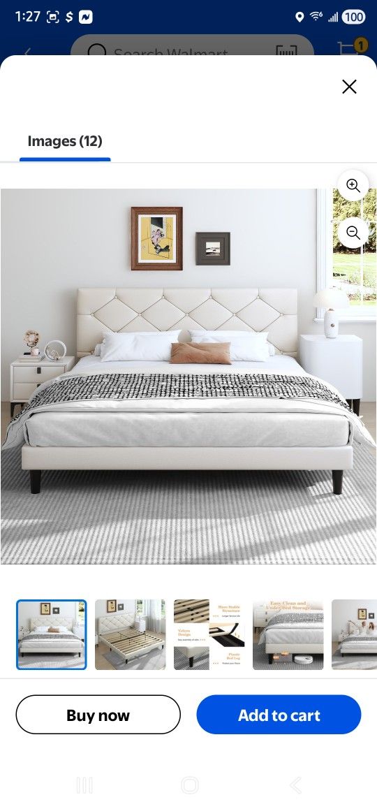 UHOMEPRO Upholstered Platform Queen Bed Frame with Headboard, Modern Beige Faux Leather Queen Bed Frame with Wood Slat Support, Mattress Foundation fo