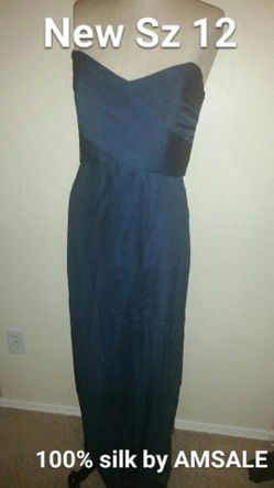 New Sz 12 Women's 100% silk AMSALE gown strapless dress navy blue wedding prom occasion party