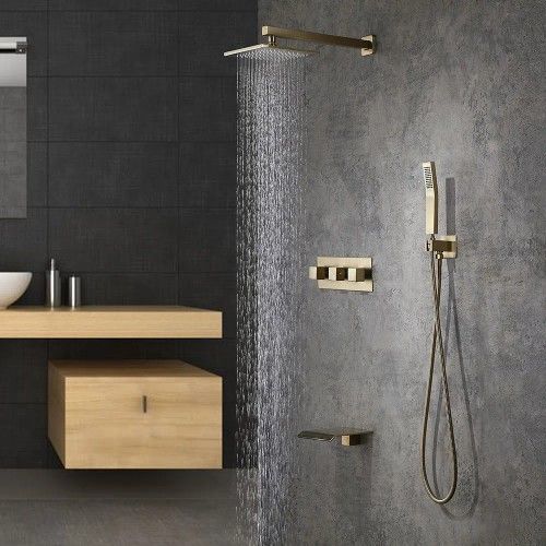 Wall-Mounted 10" Shower System in Brushed Gold with Tub Spout Solid Brass Brushed Gold