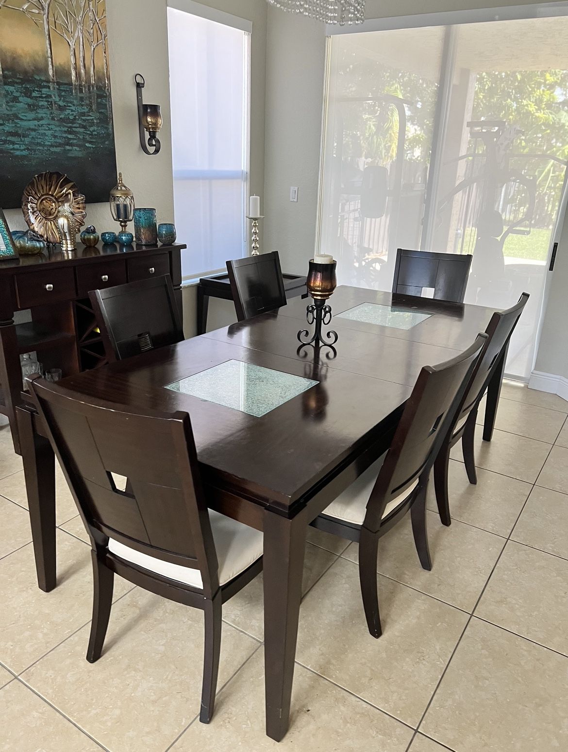 7-piece Dining table W/mosaic Glass Details 