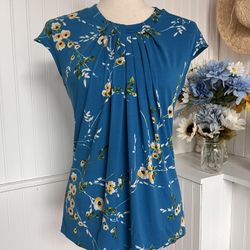 Blue Floral Blouse, Pleated Front