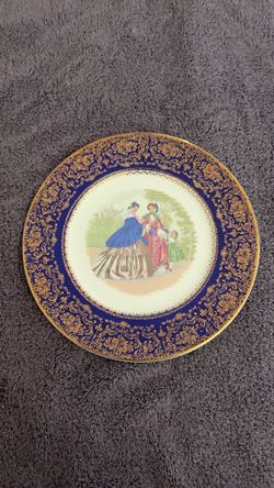 Vintage Imperial Salem China Co Plate - Cobalt Blue 23K Gold Trim Victorian Scene