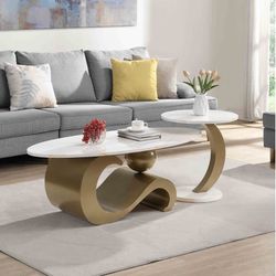 NEW 2pc Gold & Marble Coffee Table Set 