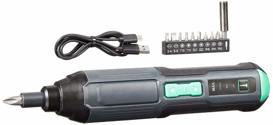 Amazon Basics By SKIL 4V Cordless Stick Screwdriver With 10-Piece Bit Set, USB Cable, LED Light, 3 Torque Settings