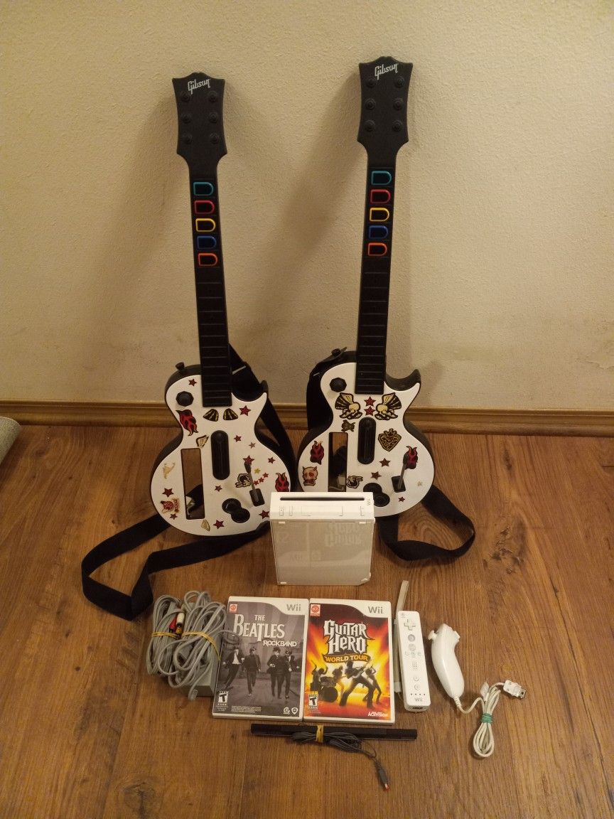 Nintendo Wii Beatles Rock Band/Guitar Hero Video Game Console Set