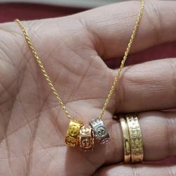 18k Real Saudi Gold Rope Chain With Tri Color Pendant