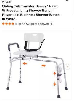 Sliding Tub Transfer Bench 14.2 in. W Freestanding Shower Bench Reversible Backrest Shower Bench in White